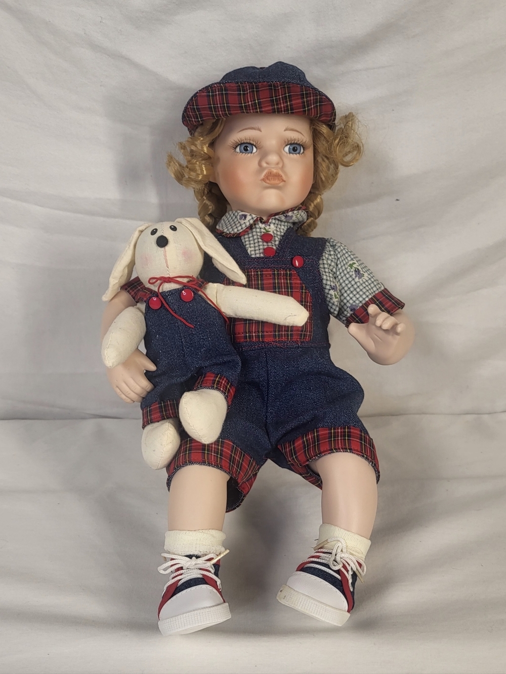 NEW Porcelain Pouty Face 14" Time Out Girl Doll With Bunny Blond Braids & Denim